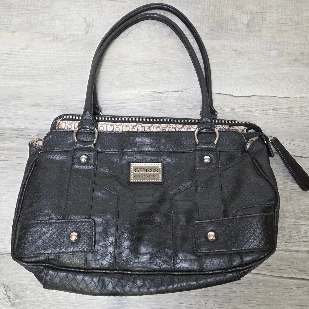 GUESS Mya Black Snakeskin Embossed Satchel Shoulder Bag Large Tote Vegan Leather